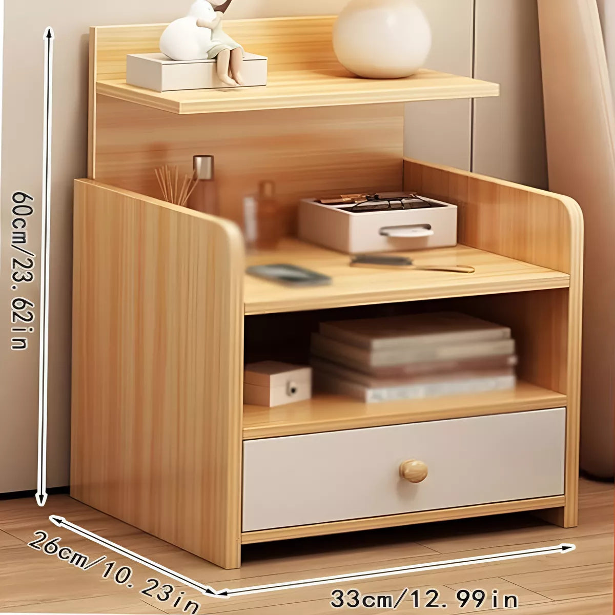 Mesa De Luz Marrón Y Blanco 3 Estantes Y Cajón 33x26x60cm®