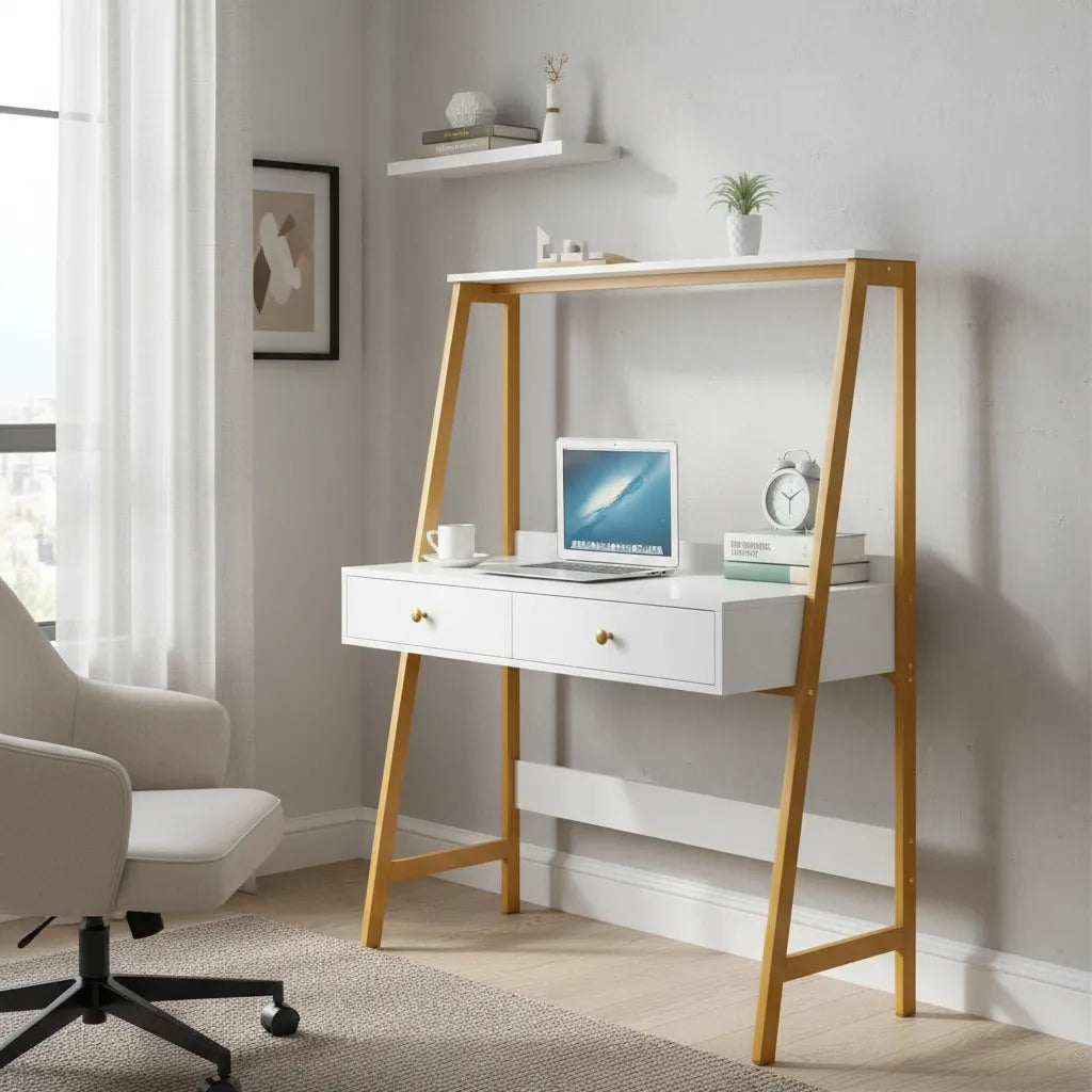 Escritorio Mdf Moderno Con Cajones Blanco Y Dorado 100x50cm®