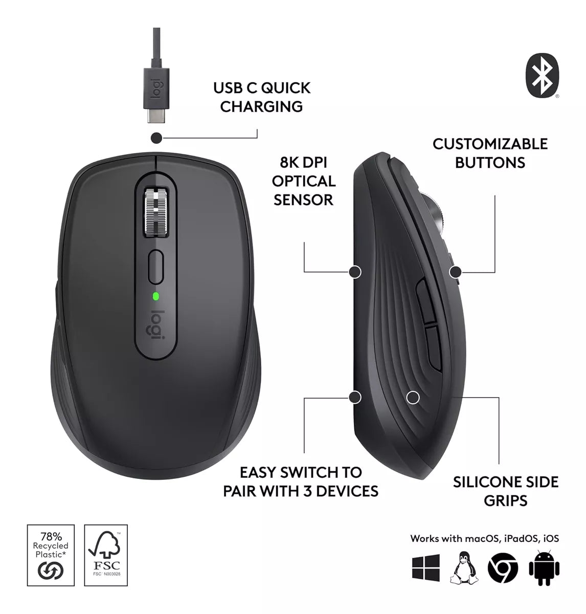 Mouse Logitech Inalámbrico Mx Anywhere 3 Negro 6 Botones