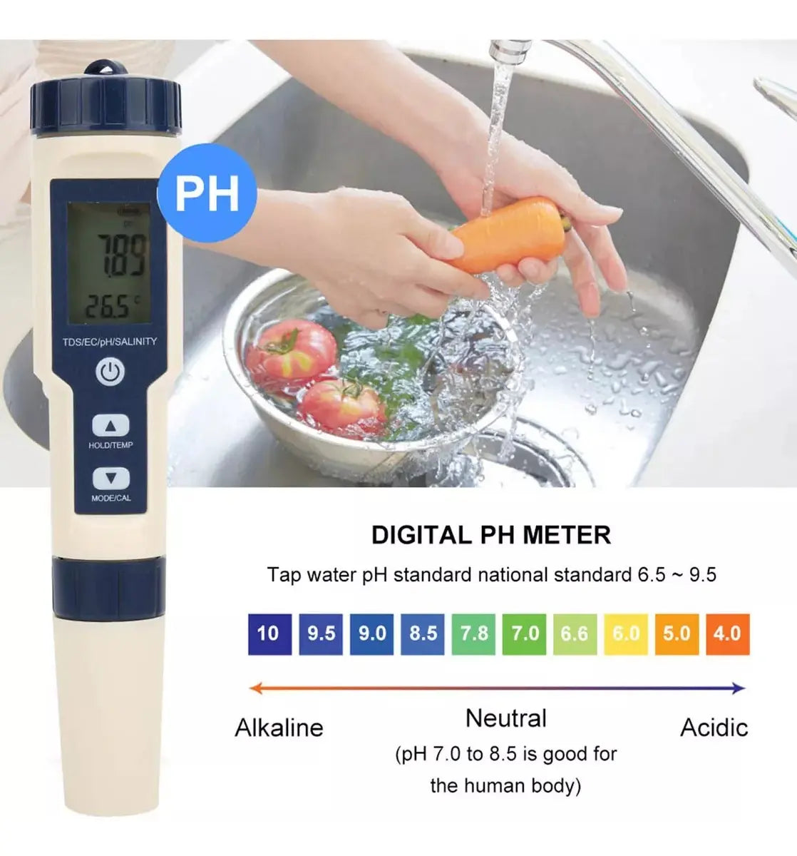 Medidor digital profesional de calidad del agua 5 en 1 PH®