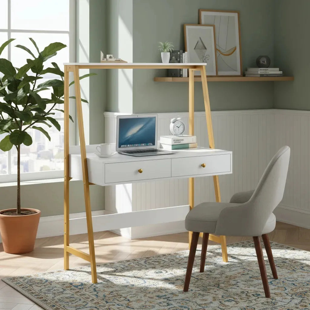 Escritorio Mdf Moderno Con Cajones Blanco Y Dorado 100x50cm®