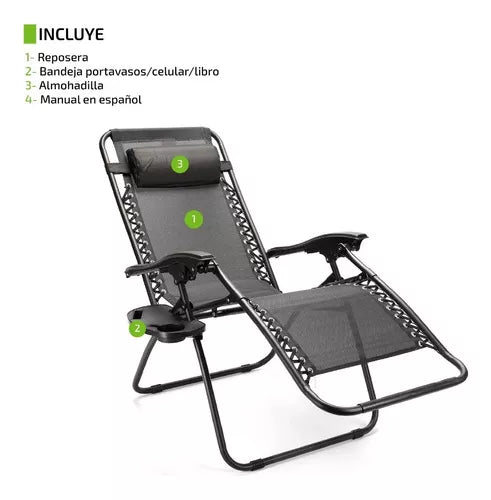 Reposera Gravedad Cero Silla Playera Reforzada Plegable Negro
