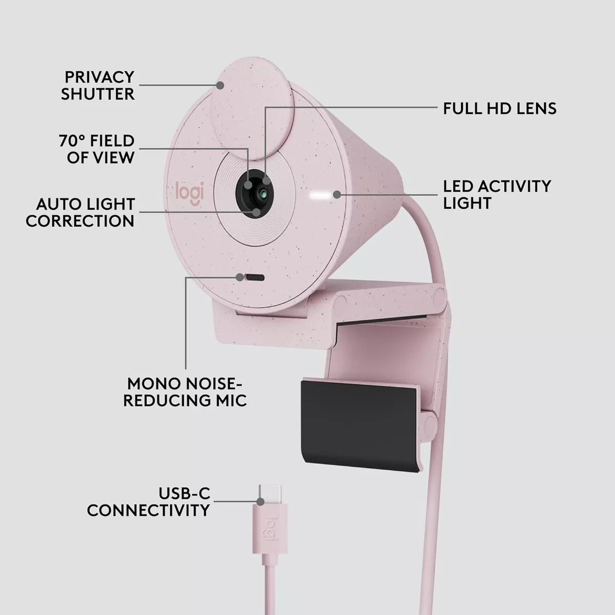 Logitech Webcam Brio 300 Usb-c 2mp/30fps 1080p Color Rosa