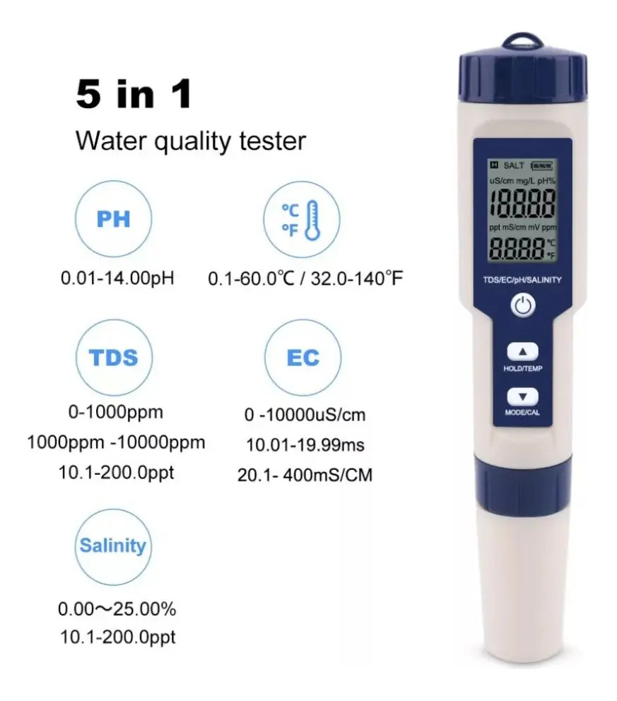 Medidor digital profesional de calidad del agua 5 en 1 PH®