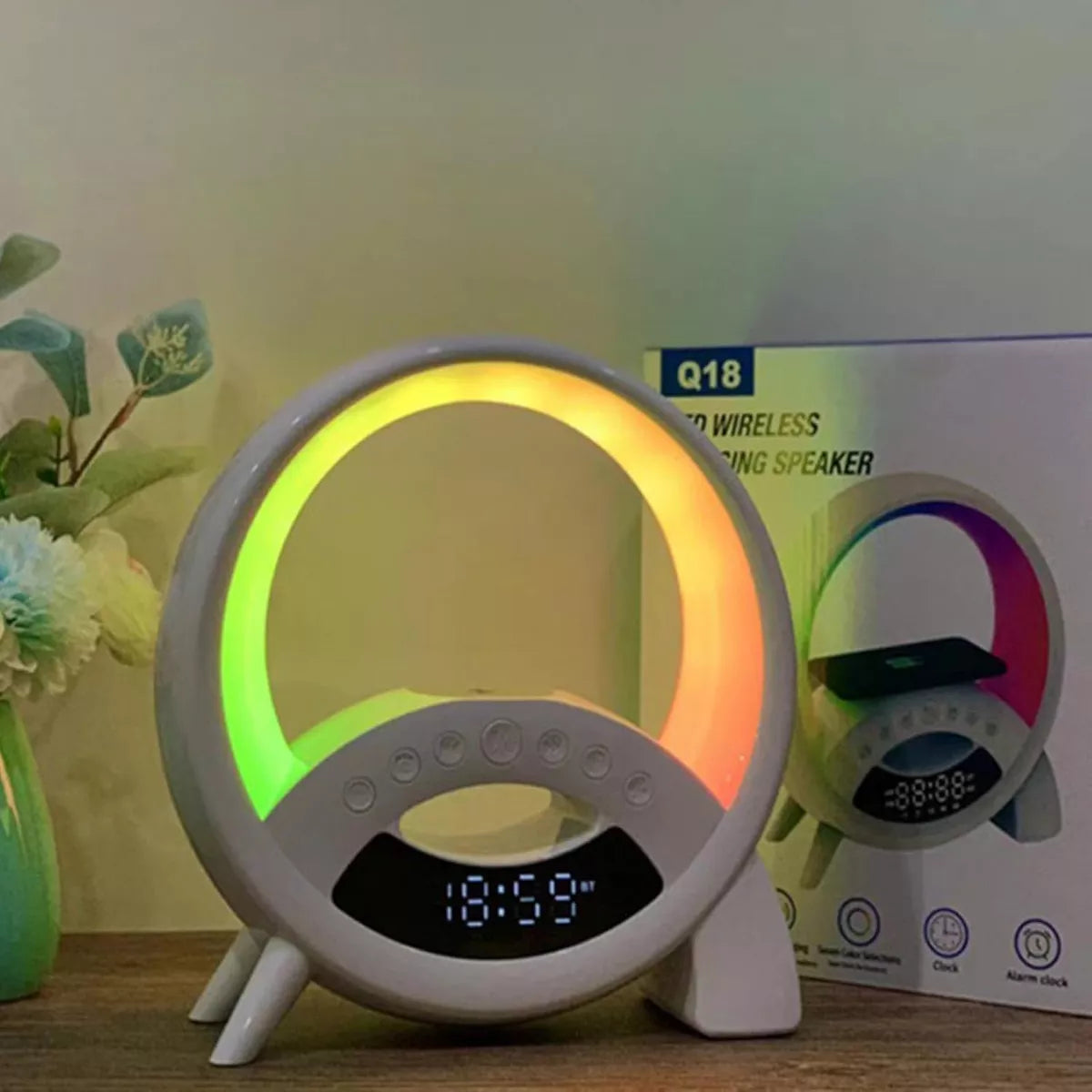 Lampara Veladora Q Parlante Cargador Inalámbrico Luces Rgb®
