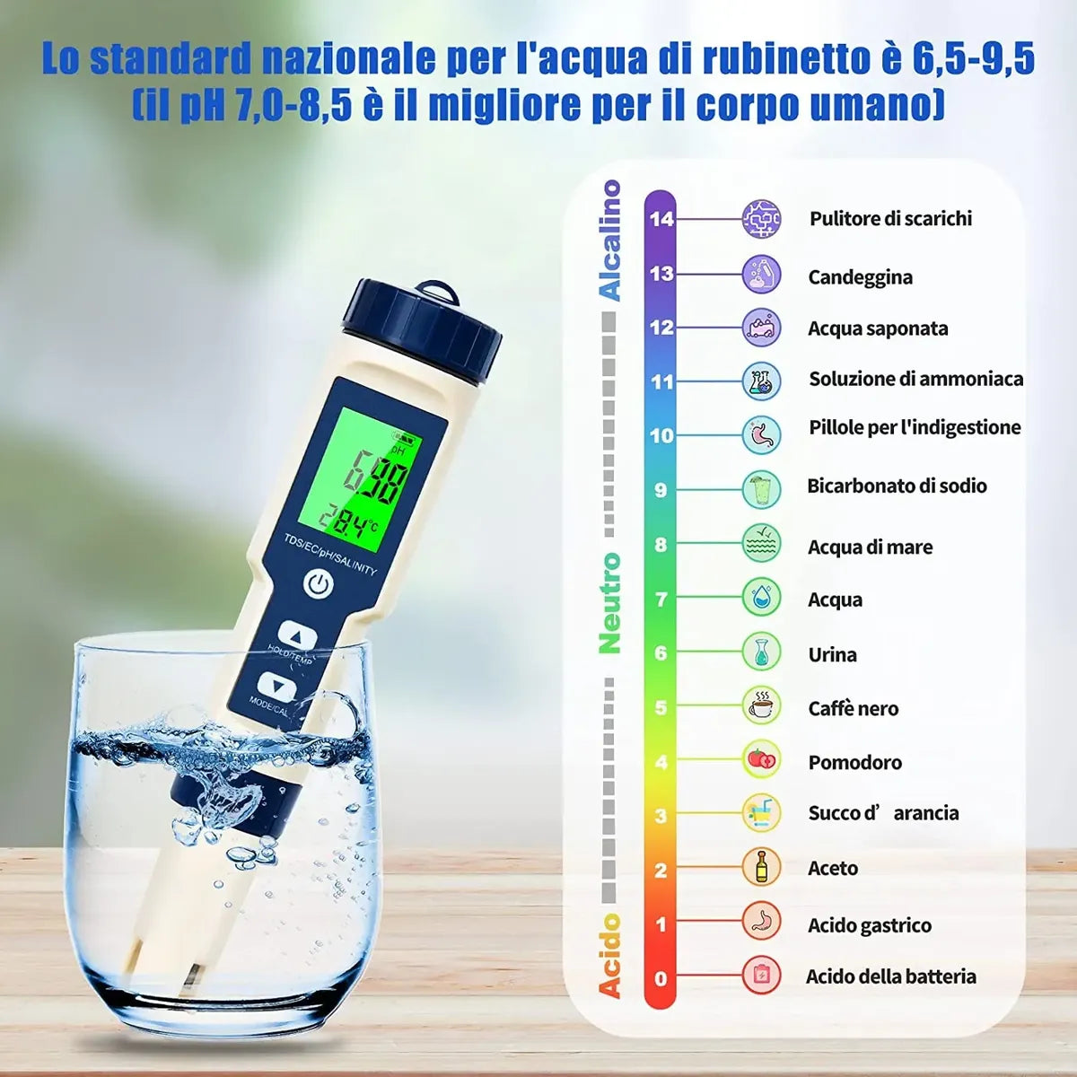 Medidor digital profesional de calidad del agua 5 en 1 PH®