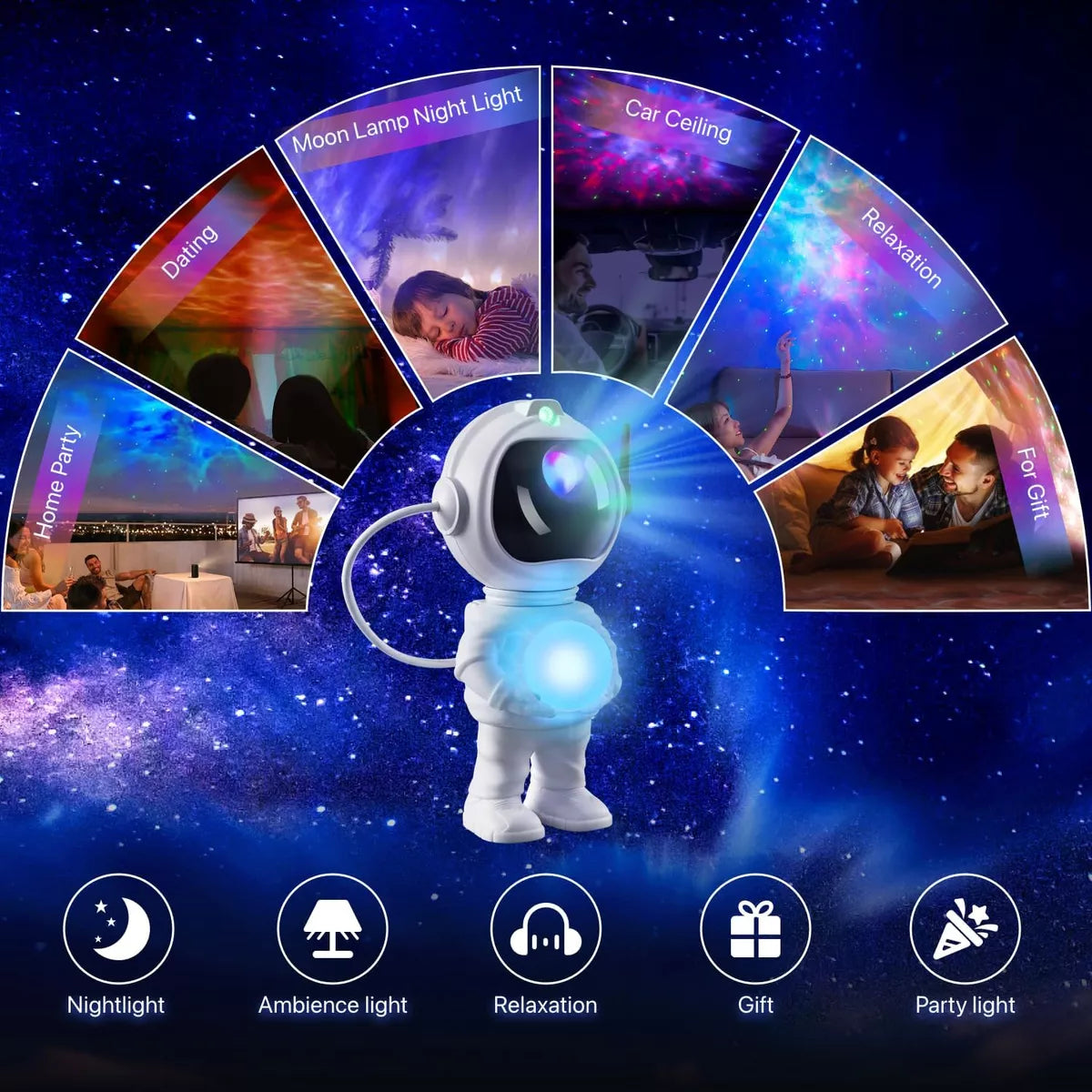 Lampara Astronauta Con Luna Proyector De Noche Galaxia®