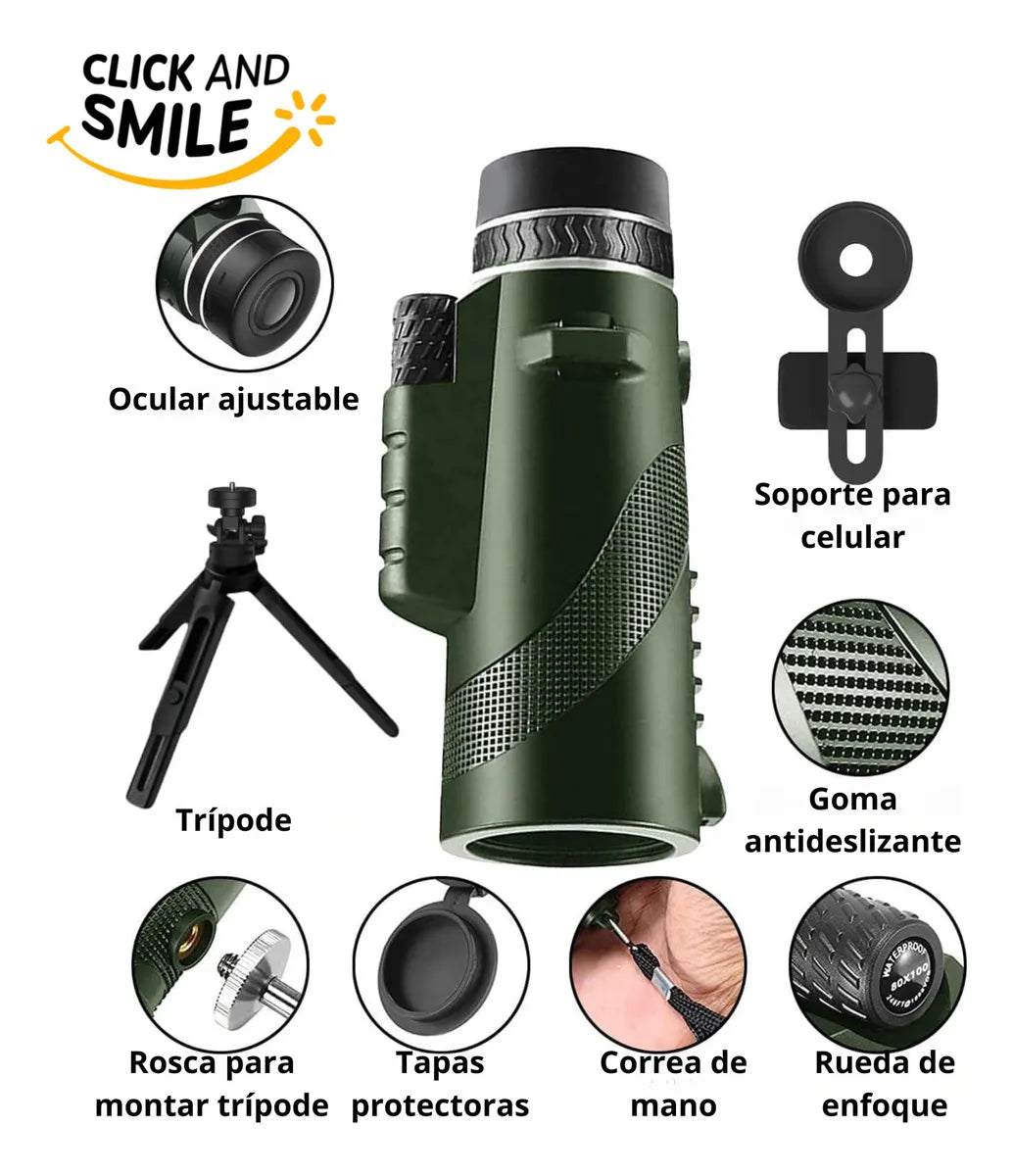 Monocular 80x100 Telescopio Alta Potencia Camping Vision Nitida con Tripode para celular ®