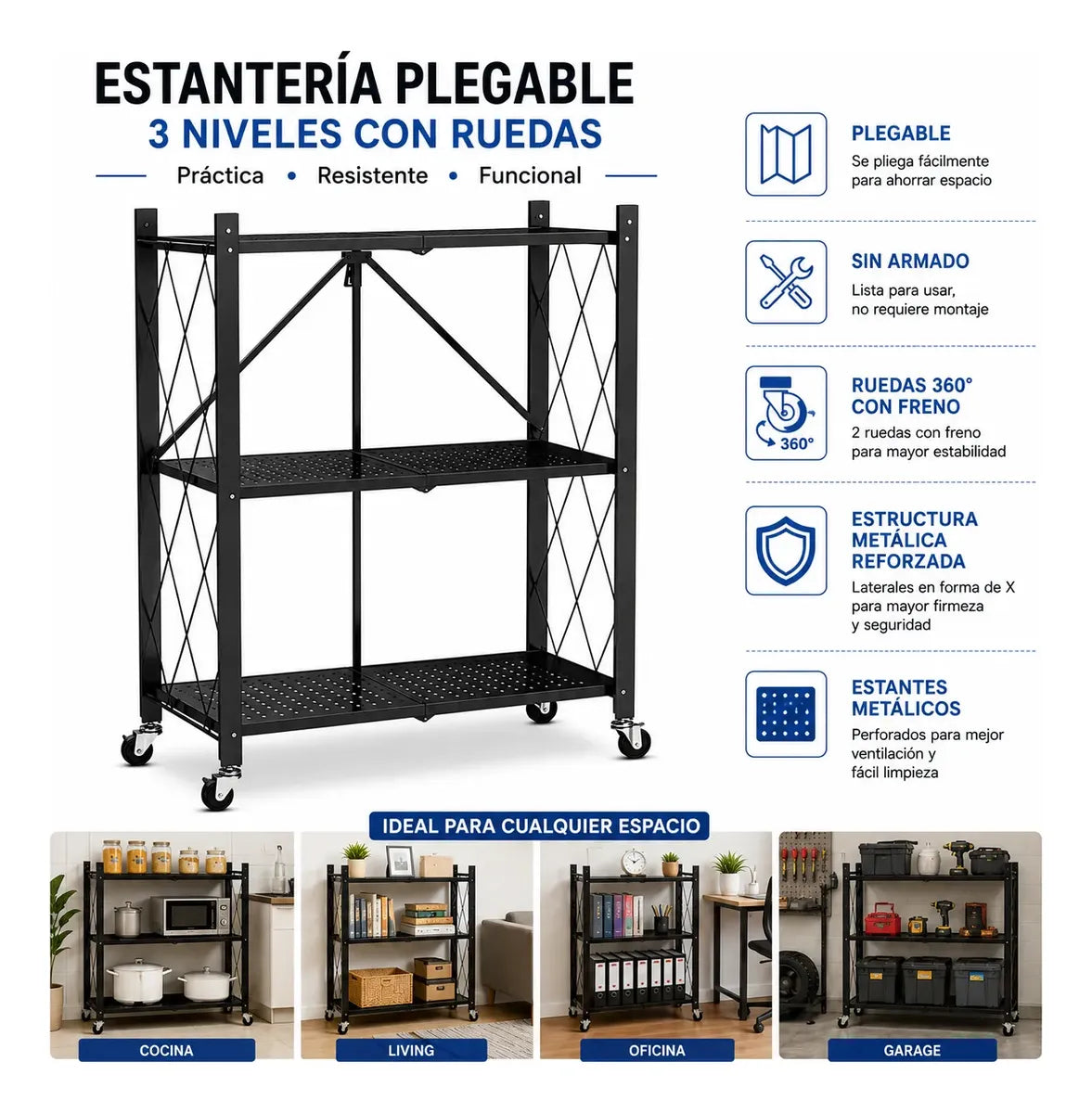 Estanteria Plegable 3estantes Con Ruedas Hasta 100kg Prof®