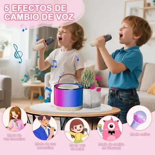 Parlante Portátil Mini X2 Micrófonos Rosa Luces Rgb Karaoke®