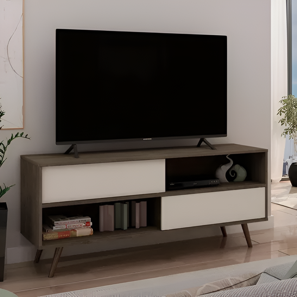 Rack Minimalista Tv 2 Puertas 2 Estantes Mdf Marrón Y Blanco®