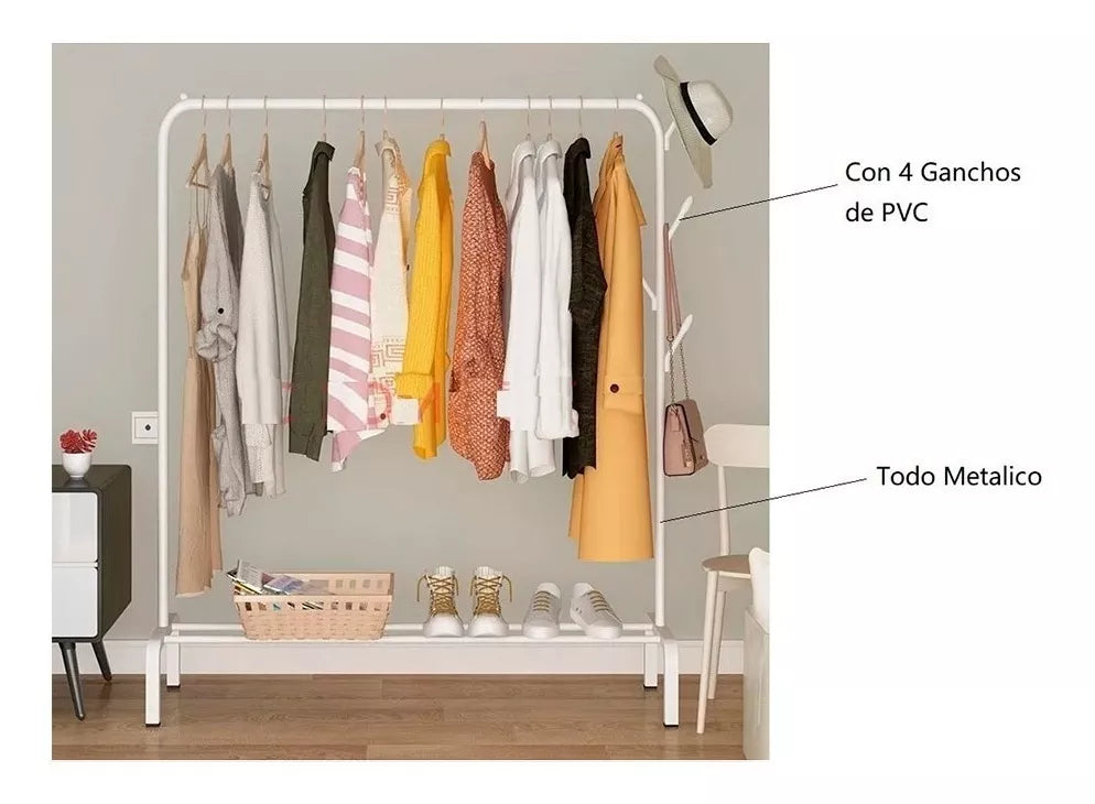 Perchero De Metal Blanco Resistente Con 4 Ganchos 110x150cm
