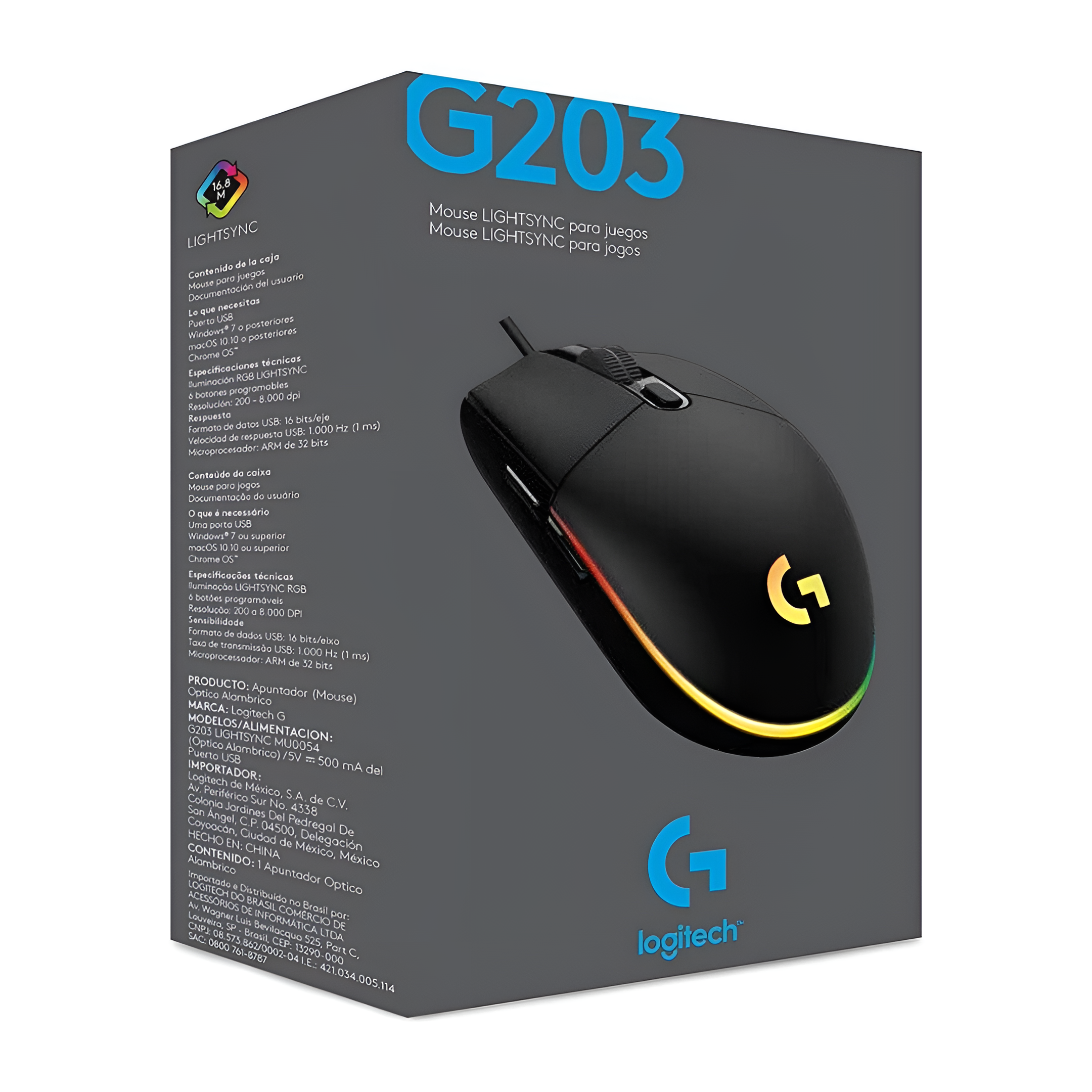 Mouse Gamer Logitech G203 Lightsync Cableado 8000 Dpi Negro