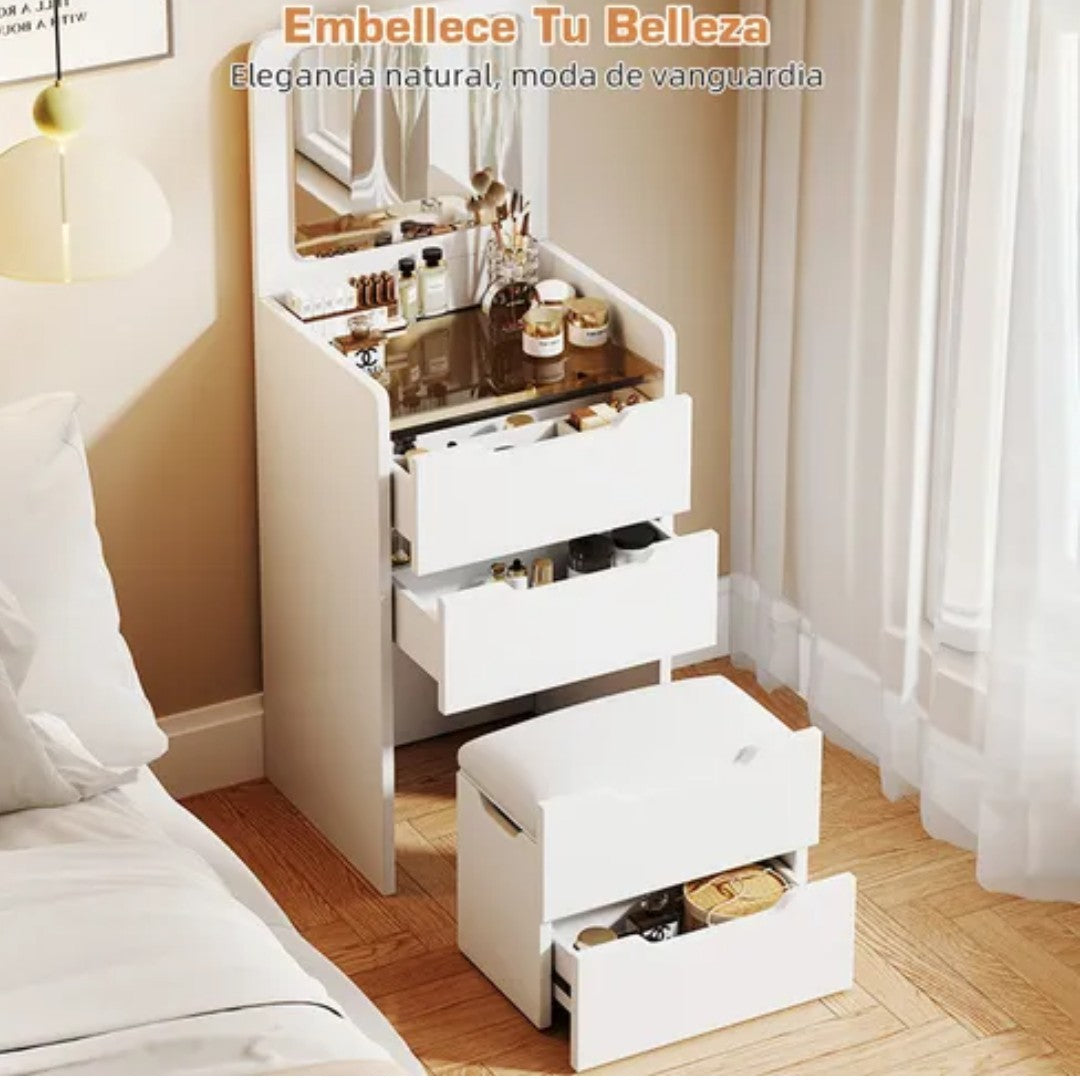 Mesa De Luz Estilo Tocador Con Espejo Y Cajones Mdf Blanco®