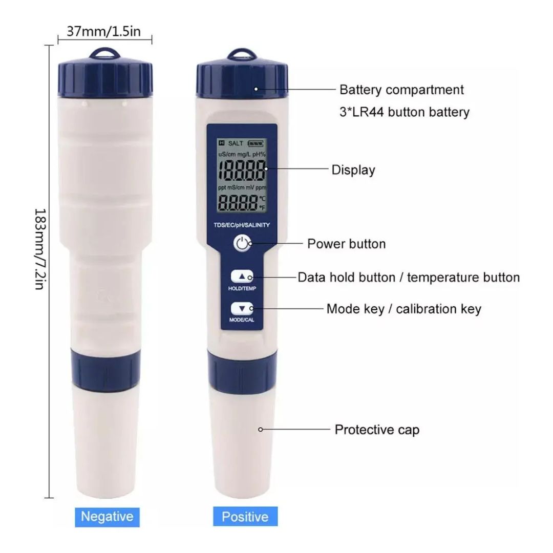 Medidor digital profesional de calidad del agua 5 en 1 PH®