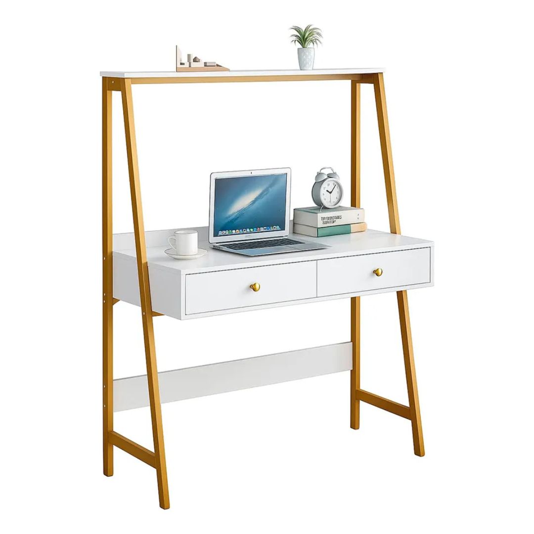 Escritorio Moderno Con Cajones Blanco Y Dorado®