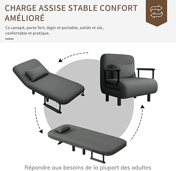 Sofá Cama 1 Cuerpo Gris Plegable Con Almohadón 60x68x85cm®
