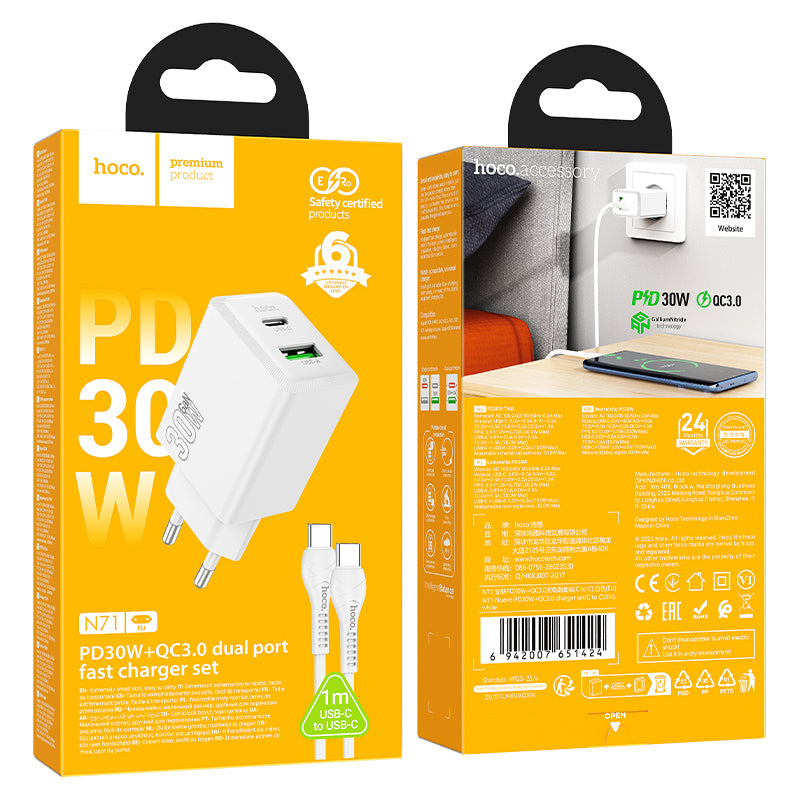 Cargador Hoco N71 Pd30w+qc3.0 Con Cable Tipo C A C De 1 M®