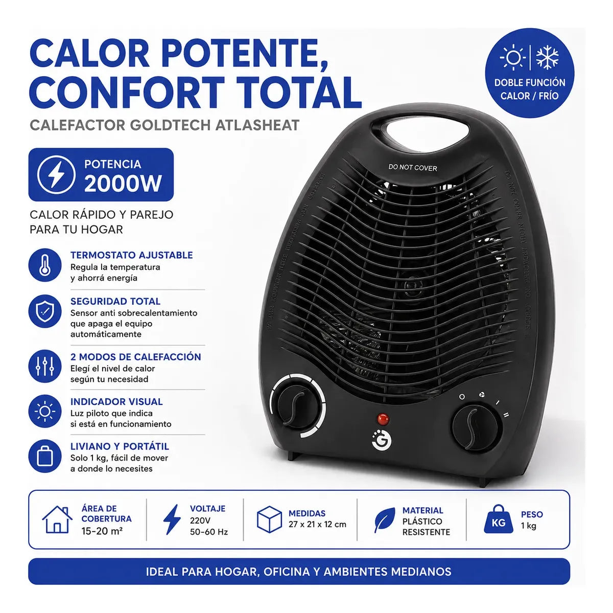 Calefactor Caloventilador Atlasheat 2000w Negro Resistente®