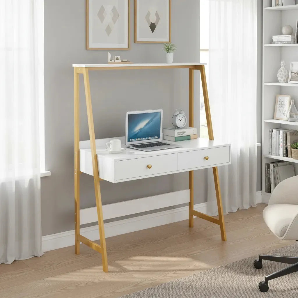 Escritorio Mdf Moderno Con Cajones Blanco Y Dorado 100x50cm®
