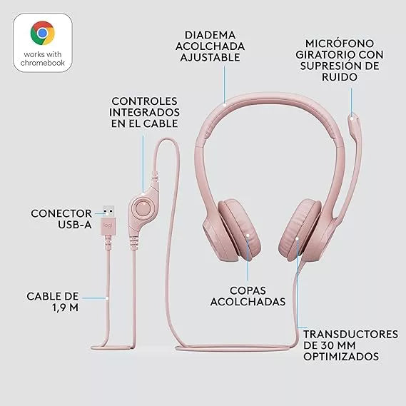Logitech H390 Auriculares Usb-a Con Micrófono Y Cancelación Color Rosa