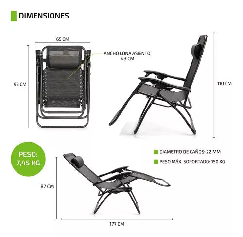 Reposera Gravedad Cero Silla Playera Reforzada Plegable Negro