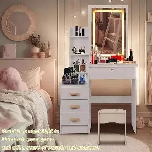 Tocador/Escritorio de 4 cajones con espejo con luz led y Taburete para niños®