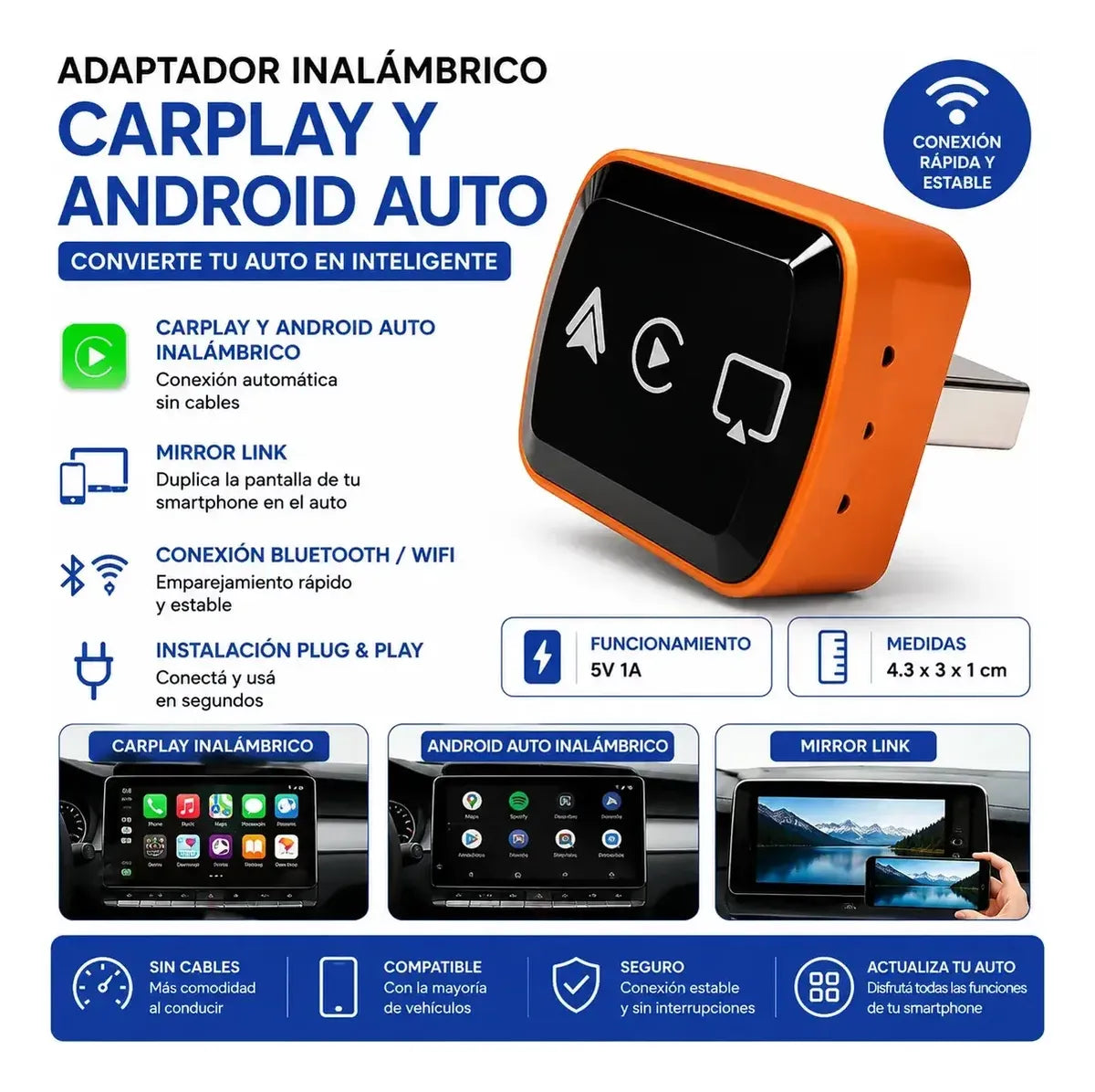 Adaptador Carplay Android Auto Inalámbrico Bluetooth Wifi®