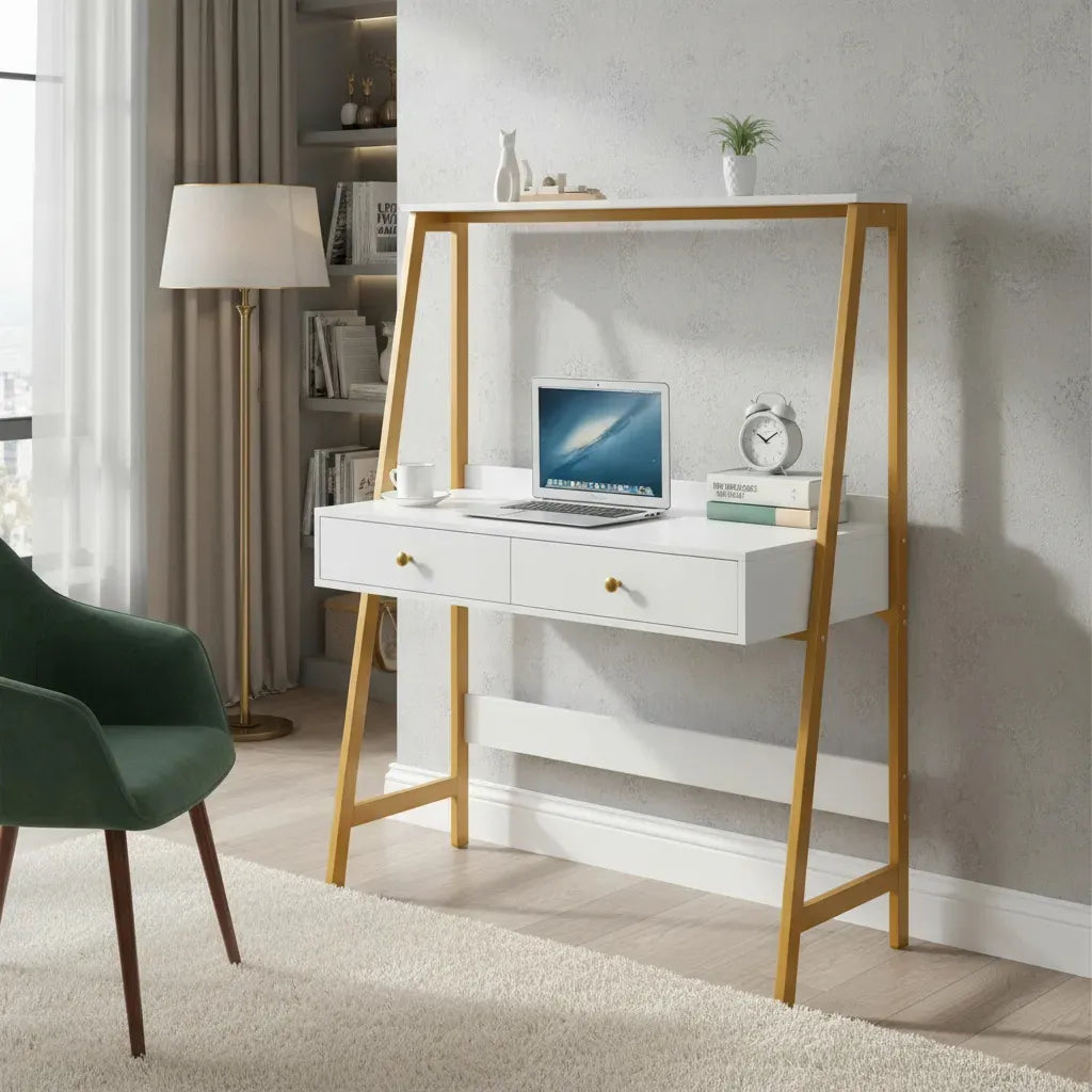 Escritorio Mdf Moderno Con Cajones Blanco Y Dorado 100x50cm®