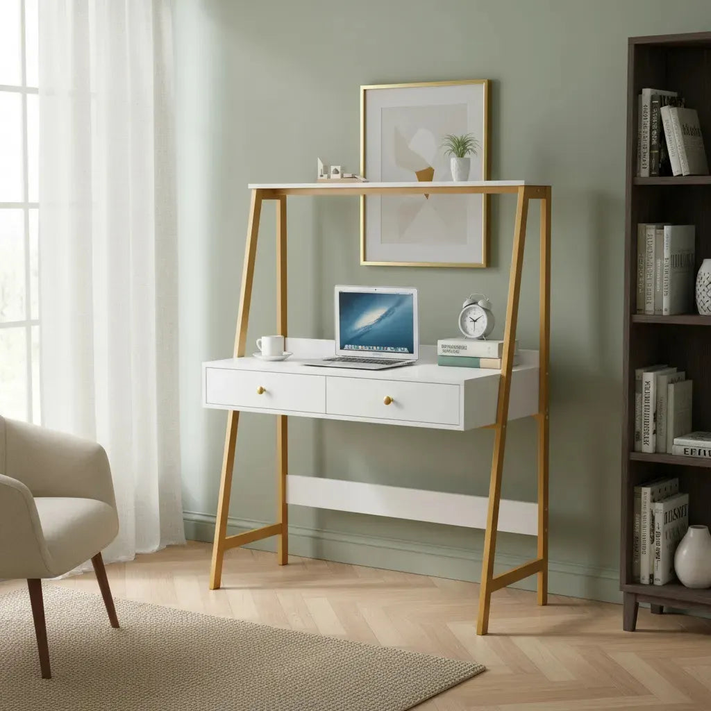 Escritorio Mdf Moderno Con Cajones Blanco Y Dorado 100x50cm®