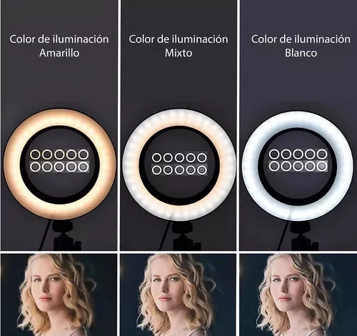 Aro Luz Led Profesional 36cm Con 3 Soportes Para Celular®