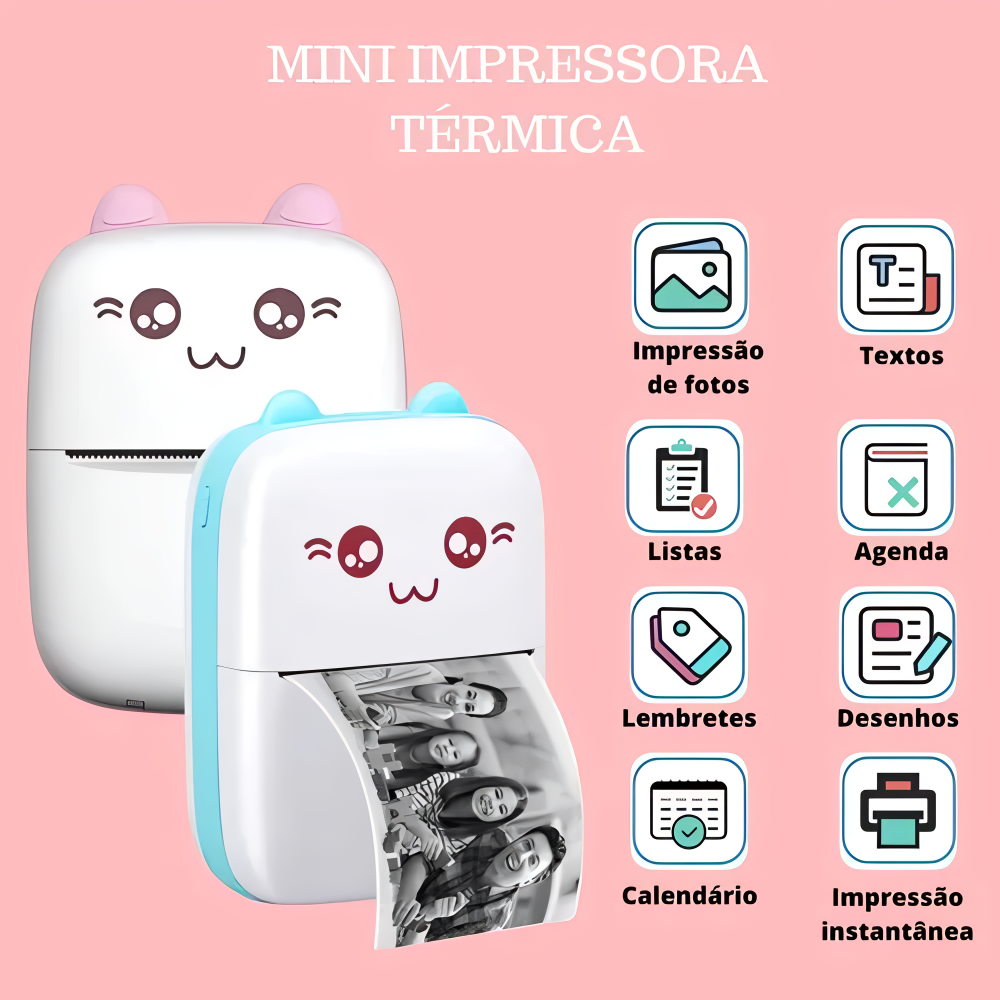 Mini Impresora Térmica Rosa + Rollo Autoadhesivo De Obsequio®