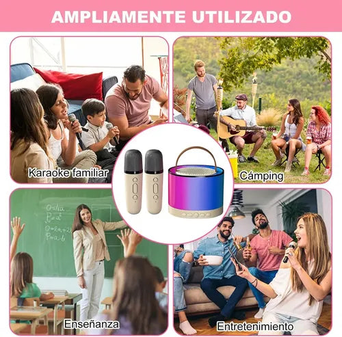Parlante Portátil Mini X2 Micrófonos Rosa Luces Rgb Karaoke®