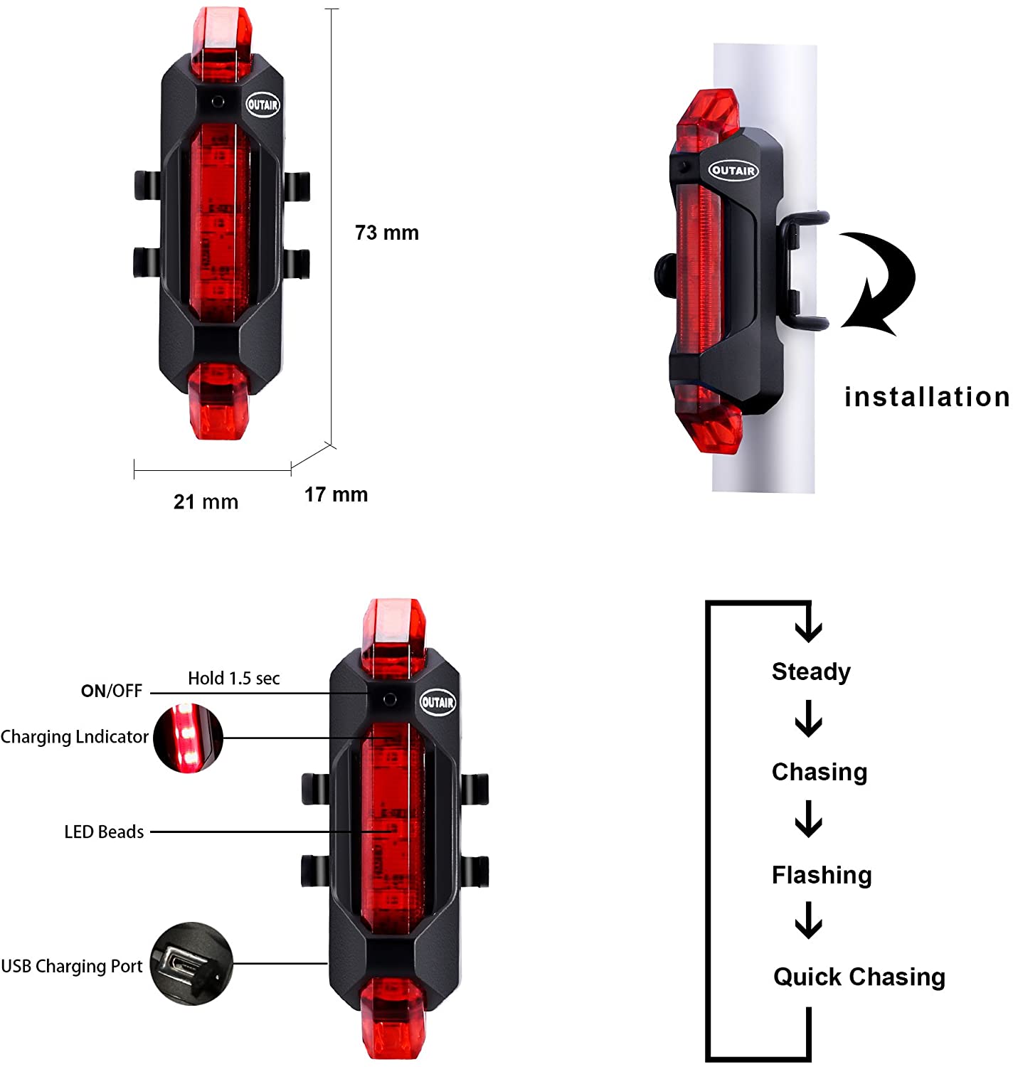 Flash Led Rojo Para Bicicleta Recargable