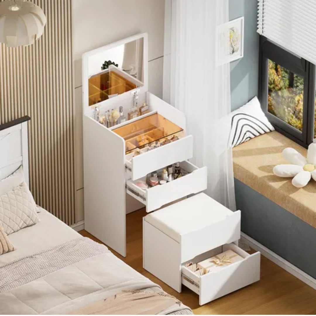 Mesa De Luz Estilo Tocador Con Espejo Y Cajones Mdf Blanco®