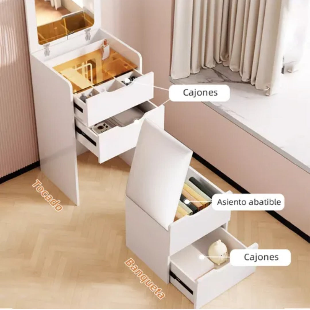 Mesa De Luz Estilo Tocador Con Espejo Y Cajones Mdf Blanco®